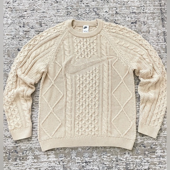 NIKE Wool Blend Cable Knit Chunky Sweater Mens S Cream / Light Beige - Picture 12 of 12